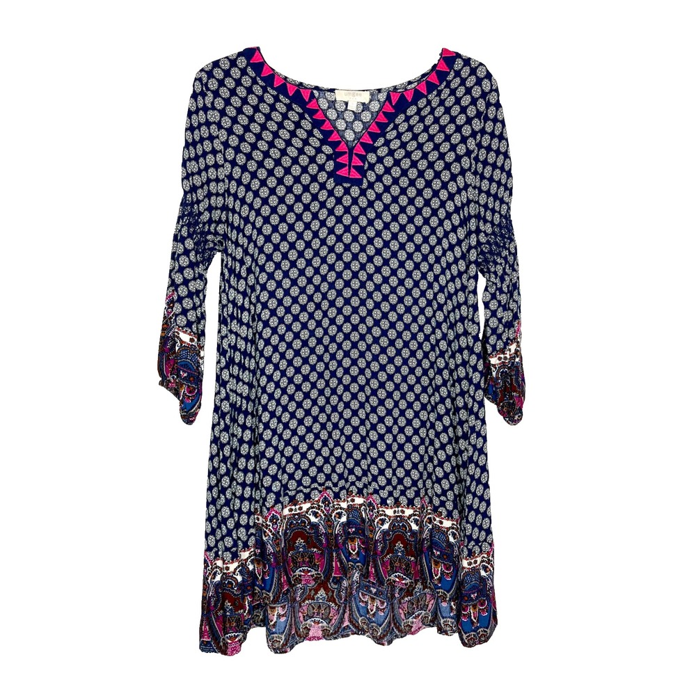 UMGEE Tunic Dress Women Size Small Navy Blue Pink 3/4 Statement Slv Hi Lo Hem